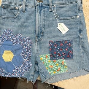 Madewell Blue and Yellow Jean Shorts with Floral Patchwork